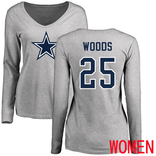 Women Dallas Cowboys Ash Xavier Woods Name and Number Logo Slim Fit #25 Long Sleeve Nike NFL T Shirt->women nfl jersey->Women Jersey